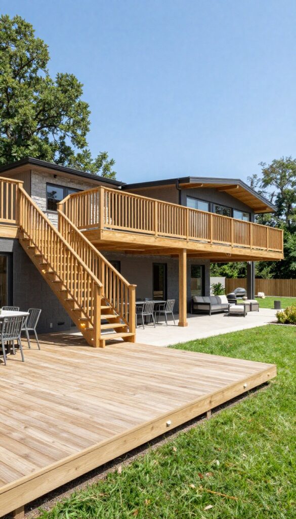 Wraparound multi-level wooden deck with connected dining, lounge, and play zones, wide gentle stairs, matching railings, and pathway solar lights in a bright green backyard.