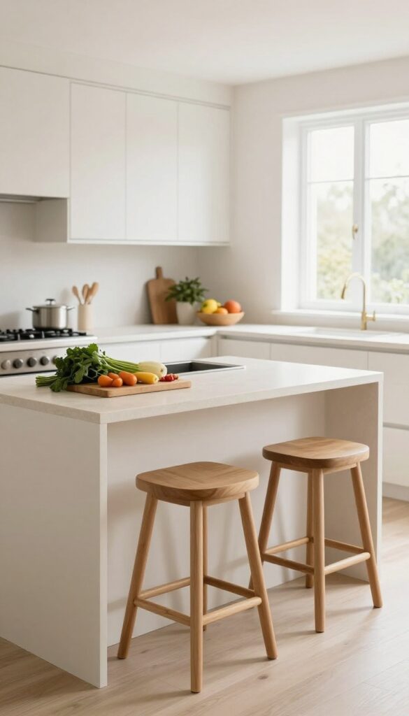 Bright modern kitchen with a two-level island separating a lower cooking and prep zone from a raised bar seating area with stools