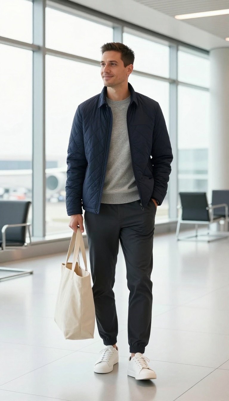 6. The Travel-Ready Look: Quilted Jacket, Sweater, and Joggers