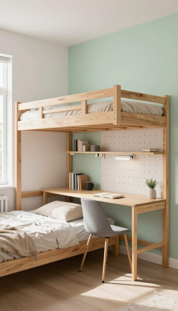 Bright small bedroom with a wooden loft double deck bed and a tidy study nook underneath, including a compact desk, slim chair, wall shelves, task lamp, and pegboard storage in soft white and pale green tones.