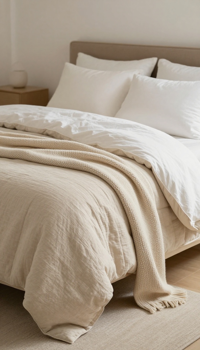 Neutral bed layered with a washed linen duvet, textured quilt, and chunky knit throw in a bright cozy bedroom