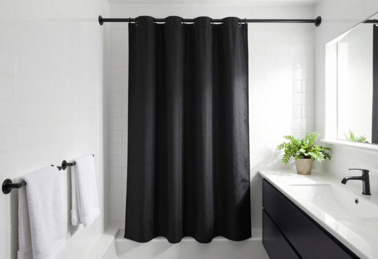 Modern minimalist bathroom with a matte black shower curtain, white subway tile, and bright natural light