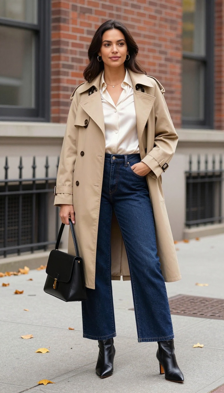 3. Wide-Leg Jeans with a Cropped Trench Coat
