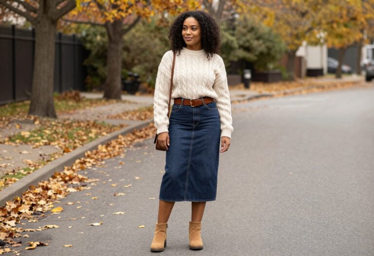 Woman wearing a belted denim midi skirt with a cable-knit sweater and ankle boots for fall.