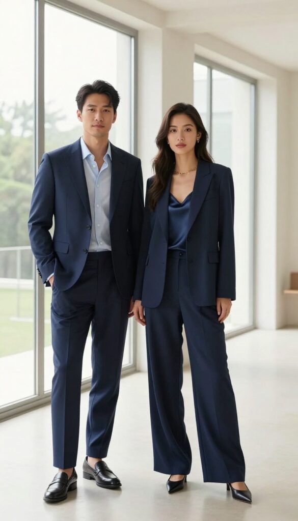 Couple in matching soft navy suits standing in a bright, elegant room, exuding relaxed old money style.