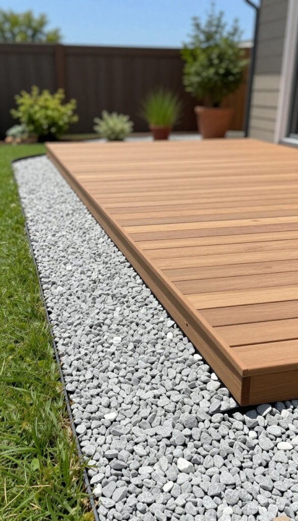 Wooden backyard deck framed by a neat light gray gravel border with dark edging, separating the deck from a manicured green lawn in bright natural light.