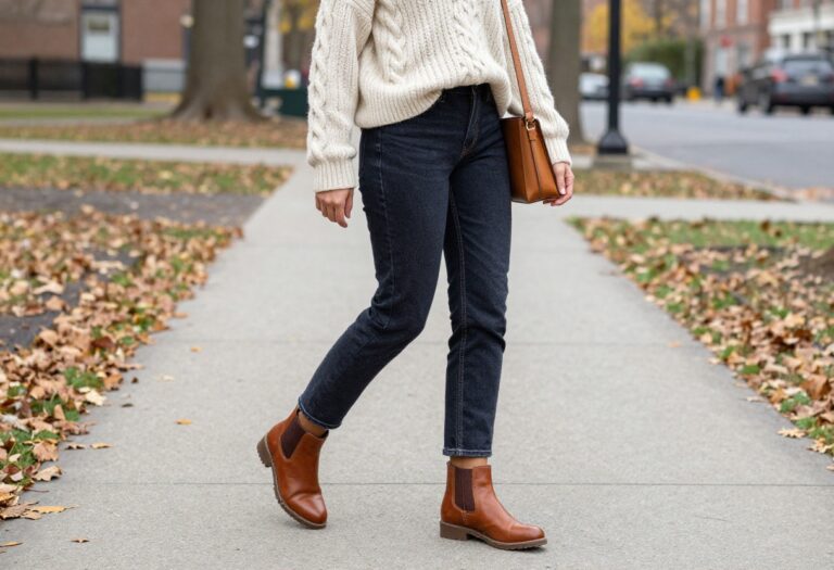 Woman wearing dark wash jeans, cream cable knit sweater, and brown ankle boots walking in an autumn park.