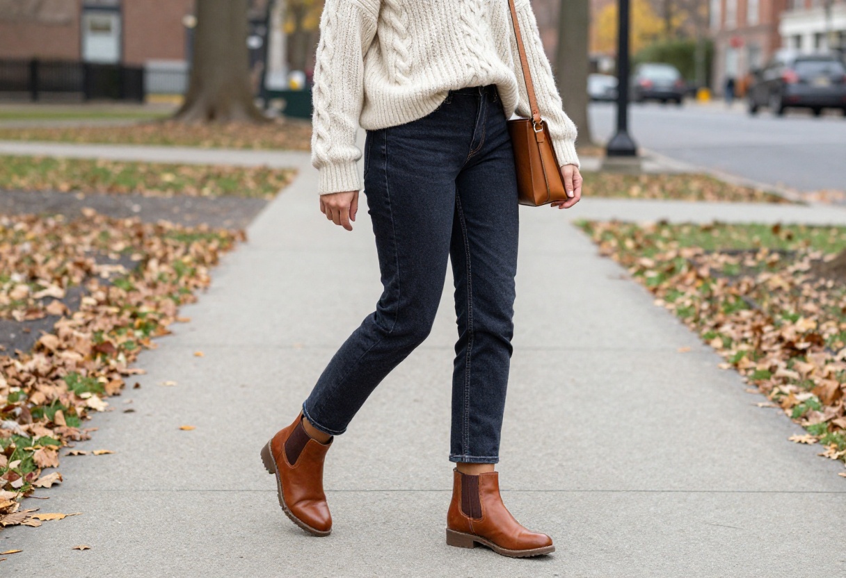 Woman wearing dark wash jeans, cream cable knit sweater, and brown ankle boots walking in an autumn park.
