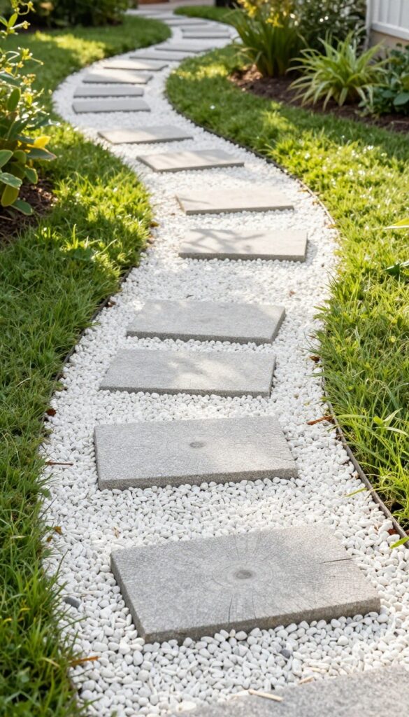 Low sealed tree stumps used as evenly spaced stepping pads in a curved front yard pathway surrounded by white gravel and greenery