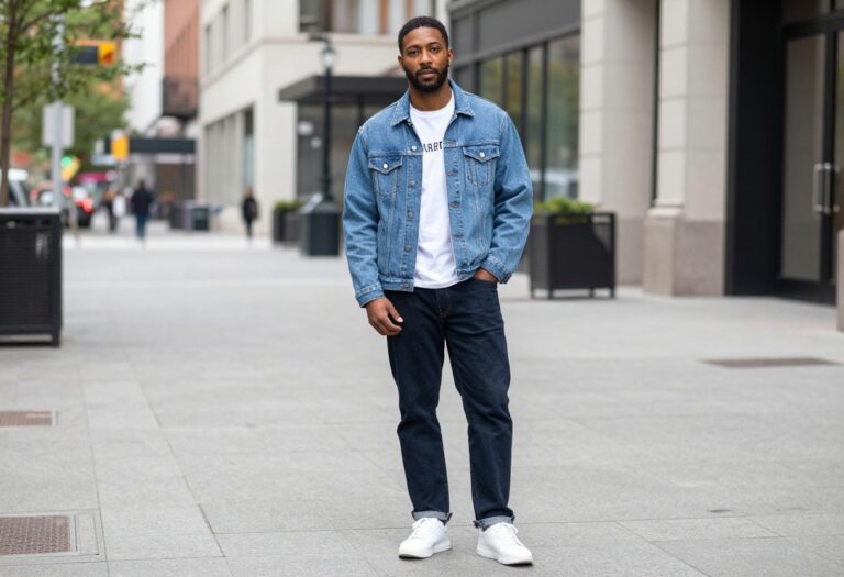Man wearing a Y2K-inspired outfit with a denim jacket, graphic tee, baggy jeans, and chunky sneakers, standing on a city street.