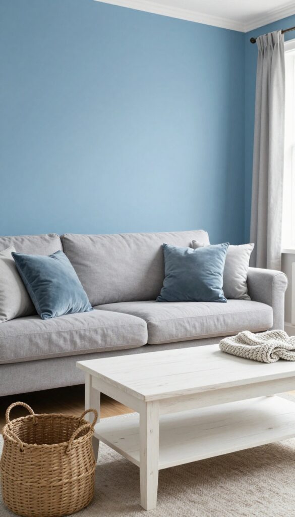 Bright living room with a dusty blue accent wall, soft gray sofa, and whitewashed wood coffee table in natural daylight.