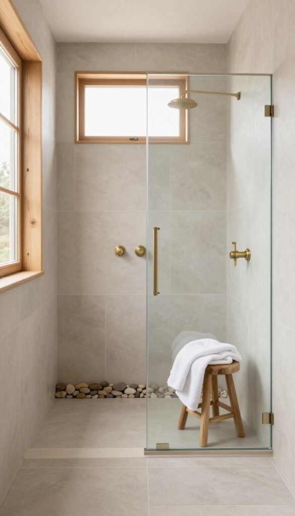 Rustic cabin shower with soft neutral beige, gray, and off-white tiles, natural wood accents, and bright natural light