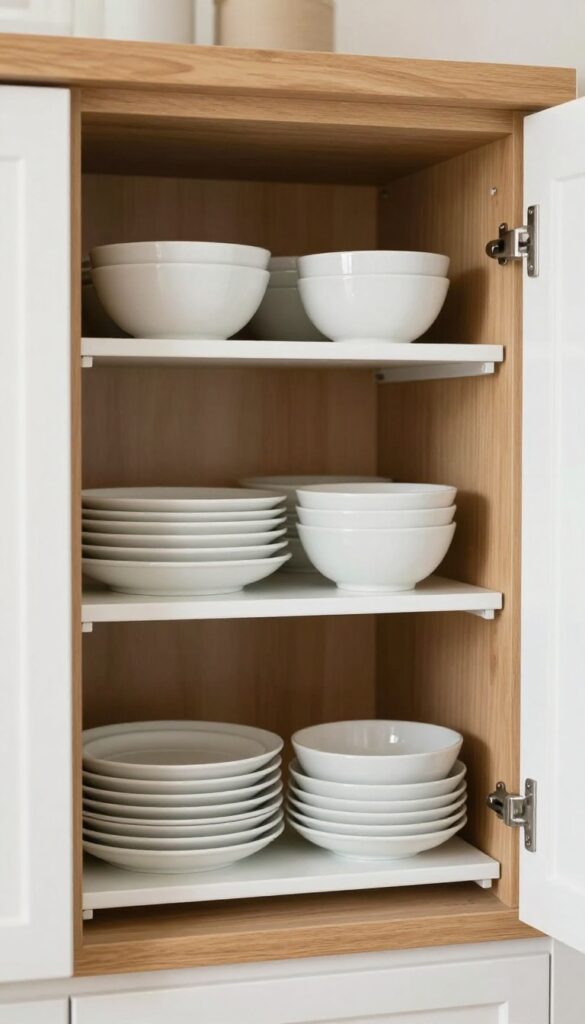 Open kitchen cabinet with a shelf riser doubling storage space, neatly organized plates and bowls on two levels in bright natural light