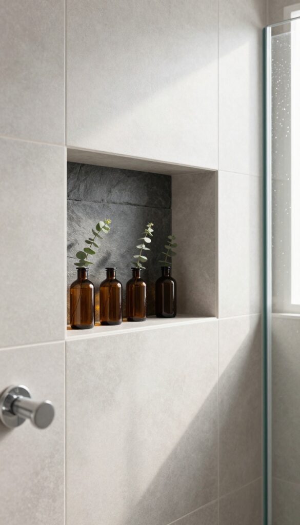 Modern shower with a built-in recessed wall niche holding neatly aligned bottles, bright natural light, clean minimal bathroom design