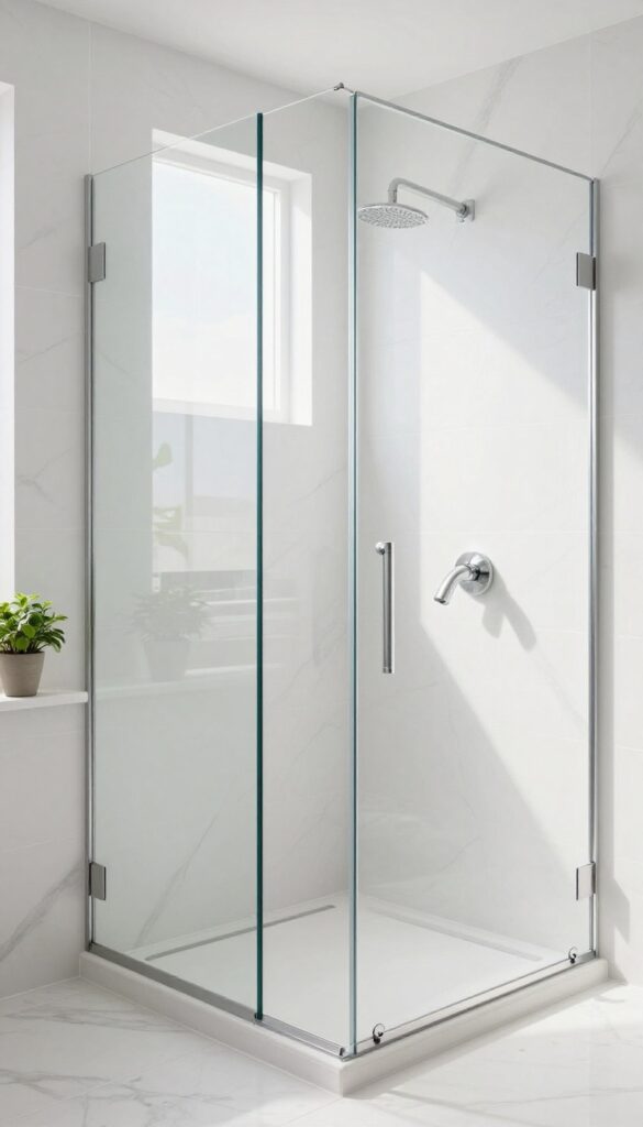 Bright bathroom shower with large white marble-look porcelain tiles, subtle grey veining, glass enclosure, and natural light