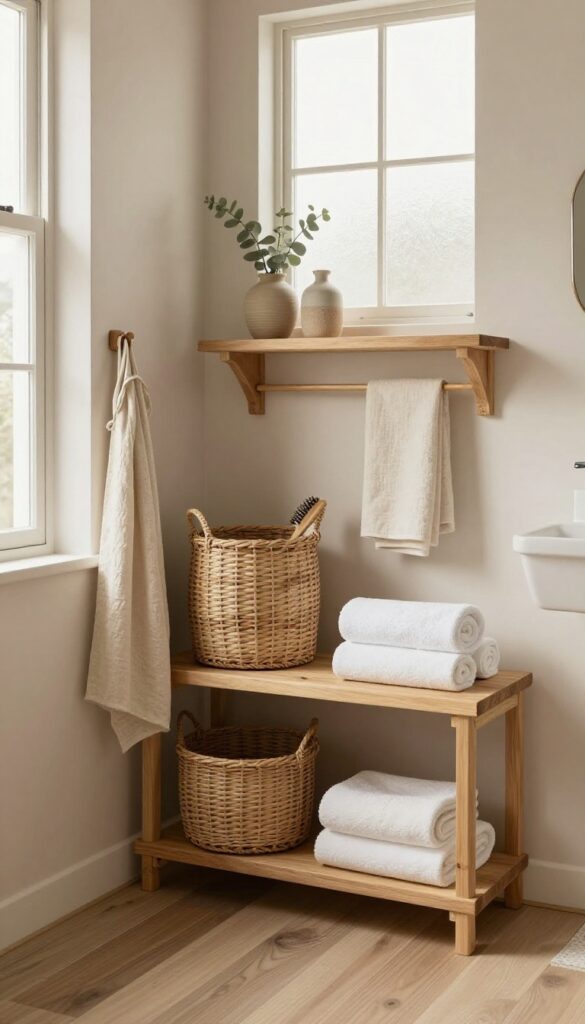 Small rustic bathroom with woven wicker and seagrass baskets storing rolled towels on wooden shelves and floor, styled with natural light and cozy neutral textures.