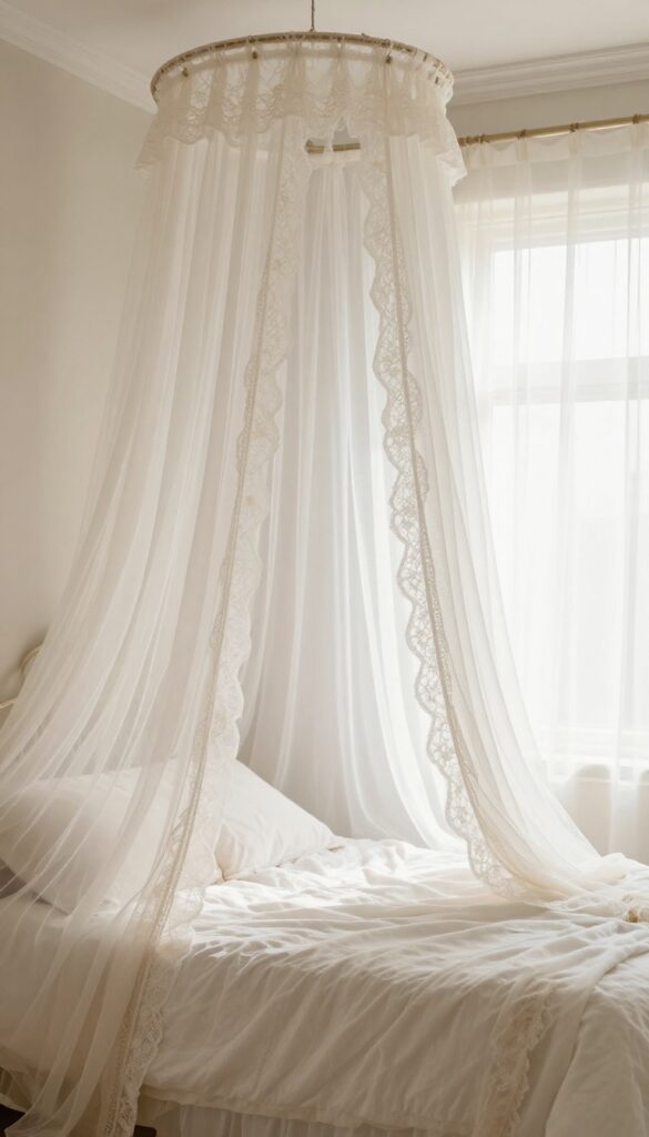 Vintage princess bedroom with sheer white and blush canopy fabric layered with lace above a bed, softly pooling on the floor in bright natural light.