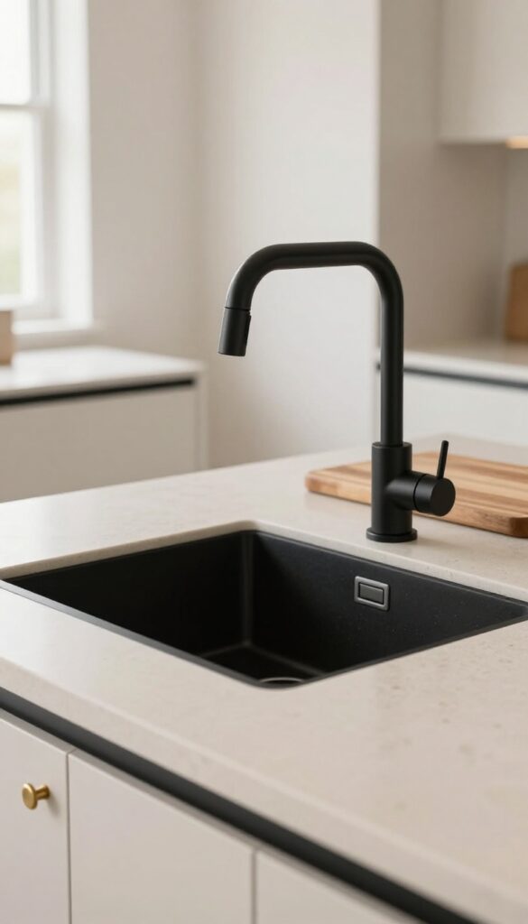 Modern kitchen with a matte black composite sink and matching black faucet set into a light quartz countertop, styled with warm wood and brass accents under bright natural light.