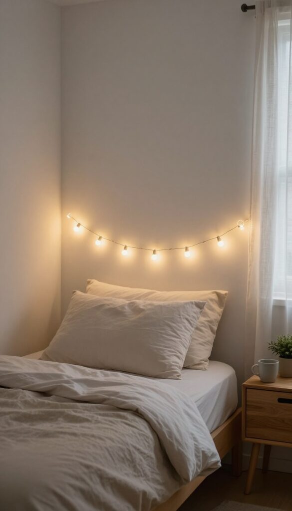 Cozy small bedroom bed framed by a rectangle of warm white fairy lights acting as a headboard against a plain wall