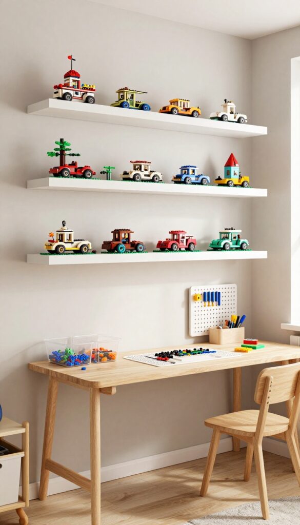 Bright boys bedroom with a built-in Lego display wall of shallow white floating shelves showing colorful completed builds above a small building desk with clear storage bins and a pegboard