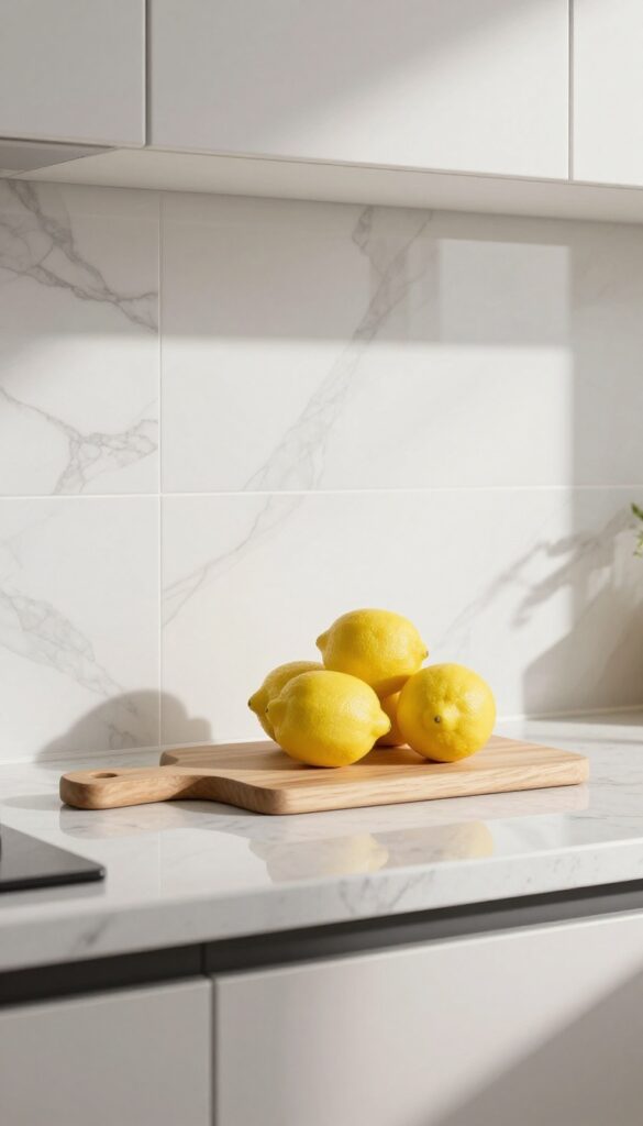 Bright modern kitchen with a realistic peel-and-stick marble-look tile backsplash behind a clean countertop with lemons and a cutting board.