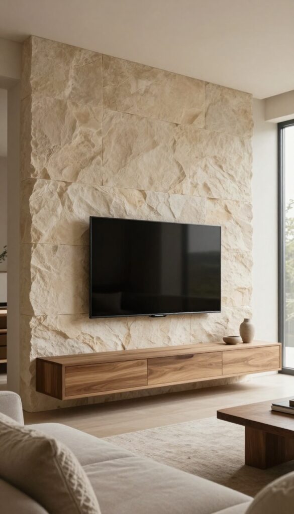 Bright modern living room with a full-height stacked stone wall behind a mounted flat-screen TV, styled with a low wooden console and neutral sofa in natural daylight