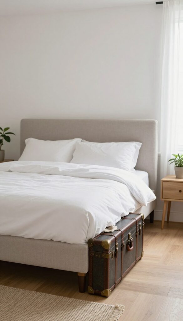 Bright modern vintage bedroom with a leather and brass trunk placed at the foot of a white bed, topped with a cushion and holding folded blankets, in natural light.