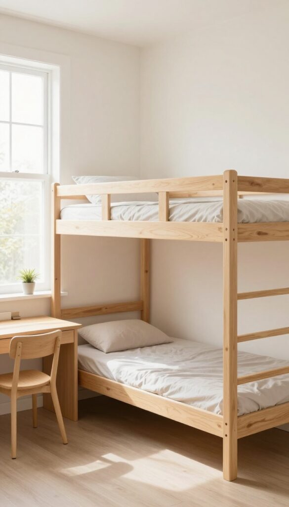 Bright small teenage boy's bedroom with a loft bed above a desk and lounge area, natural light, clean and uncluttered.