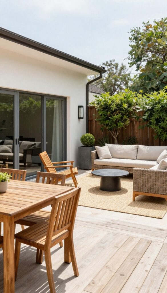 A sunny backyard deck divided into a dining zone near the house and a lounge zone with wicker and wood furniture, separated by planters and a low bench, with a clear walking path between them.