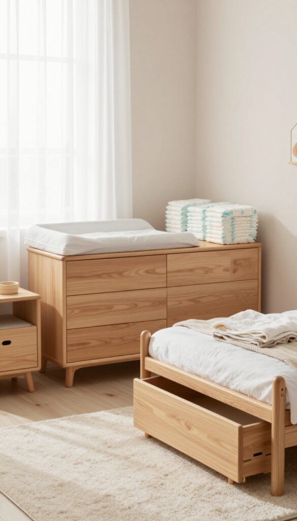 Bright shared baby and child bedroom with a dresser topped by a changing pad, a storage bench at the foot of the bed, a drawer nightstand, and a closed storage ottoman in matching wood finishes
