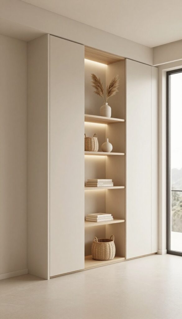 Modern bedroom sliding wardrobe with an open vertical display shelf styled with woven baskets, books, and a ceramic vase under soft natural light