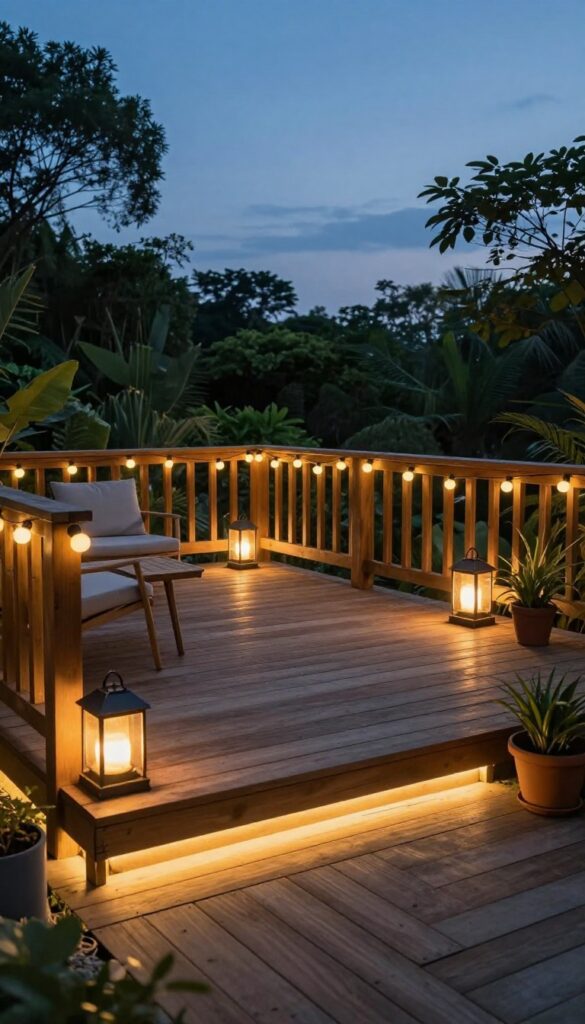 Small wooden deck at dusk with layered warm lighting from string lights, solar lanterns, and low step lights creating a cozy, inviting atmosphere.