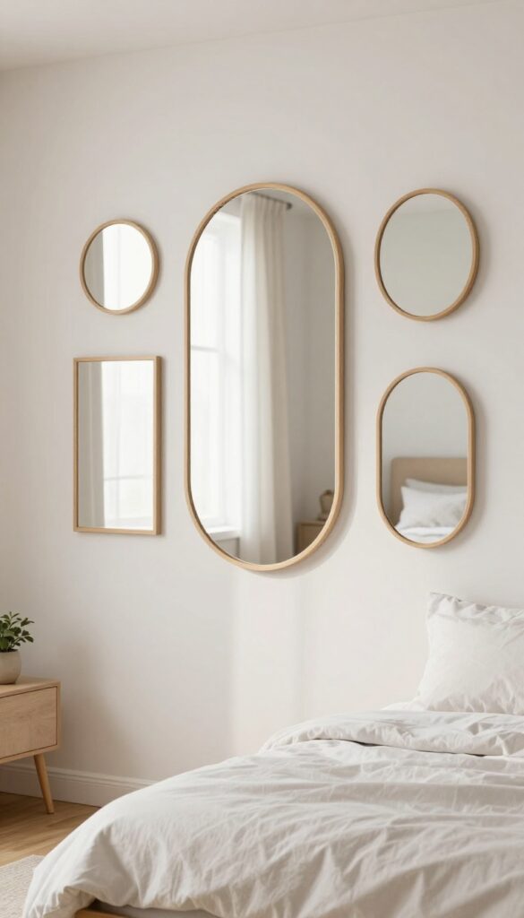 Bright bedroom wall styled with a layered gallery of round, oval, and rectangular mirrors in matching light-wood frames, reflecting soft bedding and sunlight
