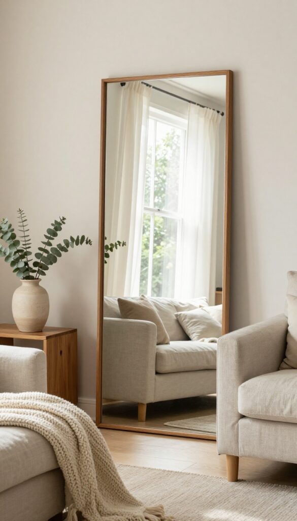 Bright cozy small living room with a large wood-framed leaning mirror reflecting a sunlit window, a linen sofa, and a console table with eucalyptus, making the space feel open and inviting