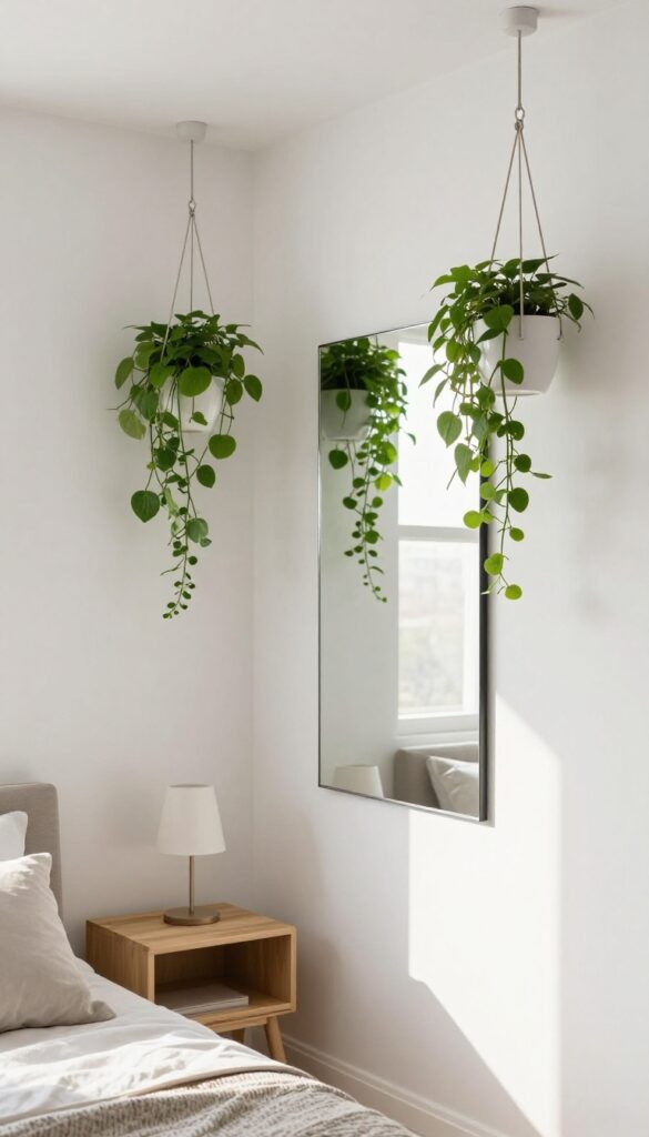 5. Corner Mirror With Hanging Plants idea