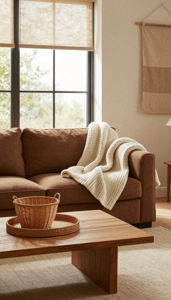 Warm brown living room corner layered with a knit throw, textured wood table, woven basket, wool rug, and fabric wall hanging in bright natural light