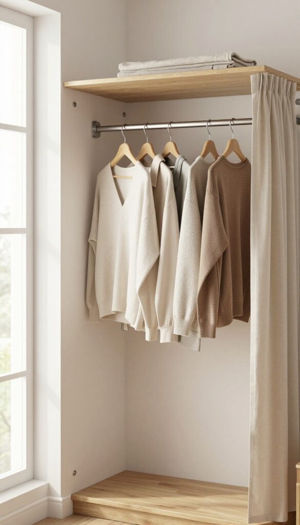 Bright small bedroom with an open wardrobe concept, wall-mounted rail with color-organized neutral clothing on matching hangers, shelves above for folded items, and a fabric curtain panel pulled to the side