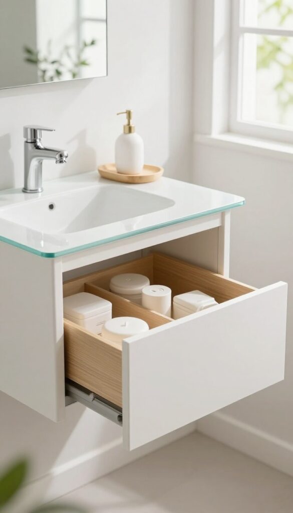Bright minimalist single vanity bathroom with a clear countertop, one soap dispenser, one small tray, and hidden drawer storage for an open uncluttered look