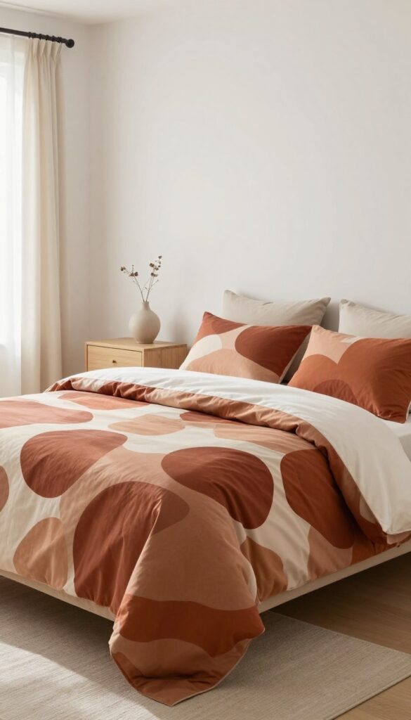 Bright bedroom with a bold large-scale patterned statement duvet in terracotta and cream on a centered bed, neutral pillows and sheets, minimal decor, and natural light.