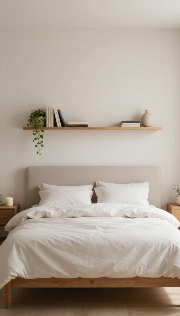 Bright bedroom with two floating wood shelves above the headboard styled with books, a small plant, and a candle