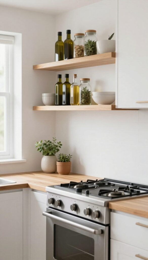 Built-in shallow wooden shelves with spice jars and oil bottles flanking a stainless steel stove in a bright modern kitchen