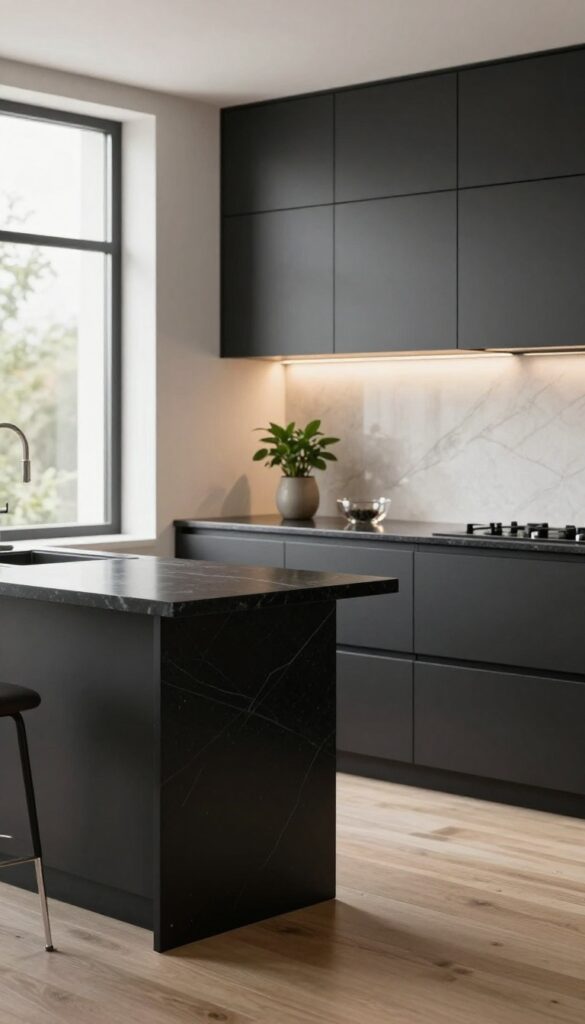 Luxe modern kitchen with matte black cabinets, veined black quartz countertops, light marble backsplash, warm under-cabinet lighting, and neutral wood floors in bright natural light