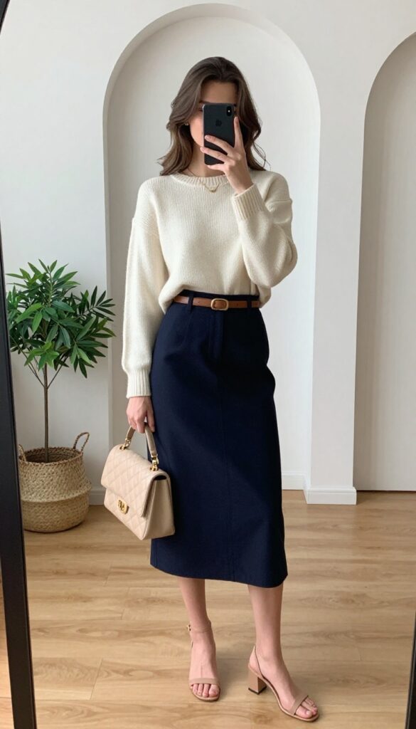 Woman in cream crop sweater and navy high-waisted midi skirt taking a mirror selfie, wearing strappy sandals and carrying a beige quilted bag, in a bright minimalist room.