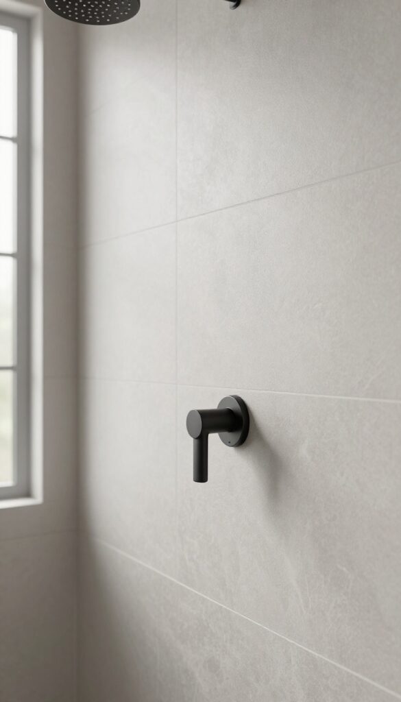 Minimalist walk-in shower with a single matte black handle and round rain showerhead on large gray tile in bright natural light