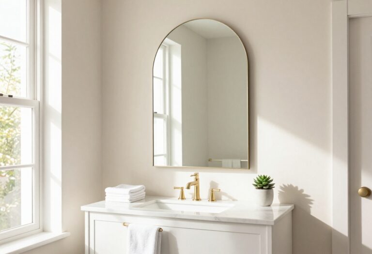 Bright modern bathroom with an arched statement mirror above a vanity in natural light