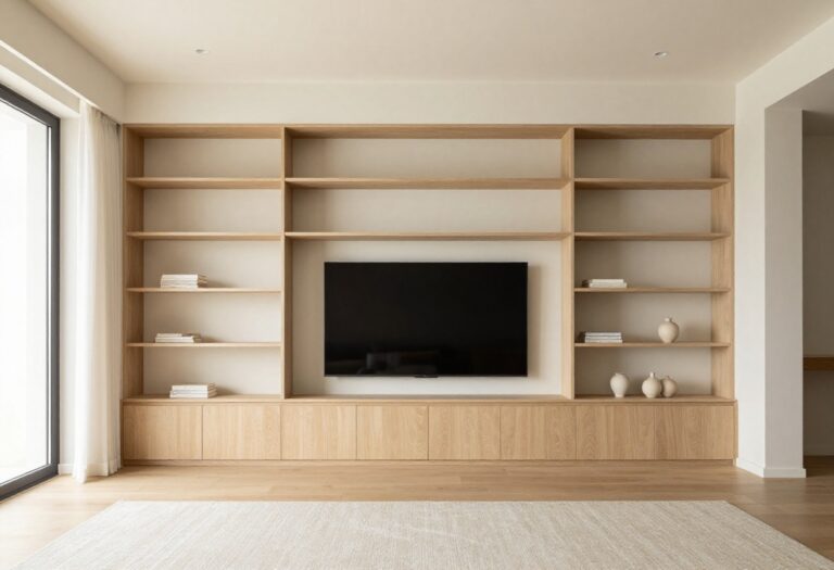 Bright living room with a custom built-in entertainment center framing a television with symmetrical shelves and closed cabinets