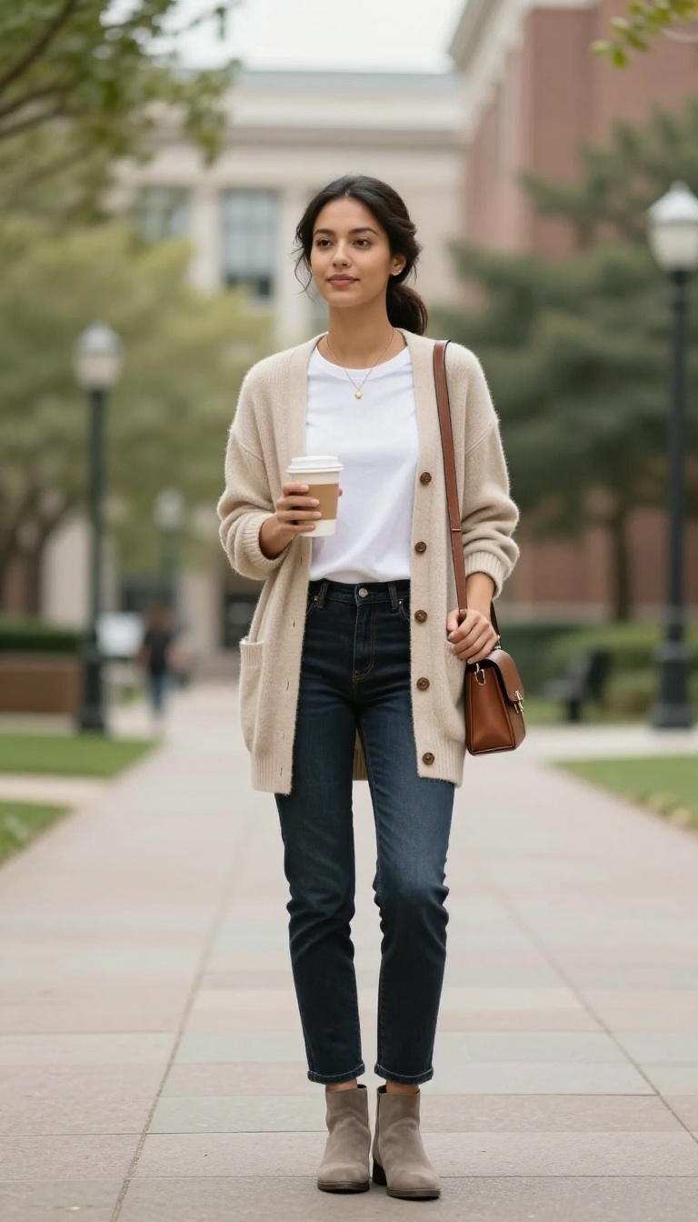 6. Cardigan, White Tee, and Dark Denim