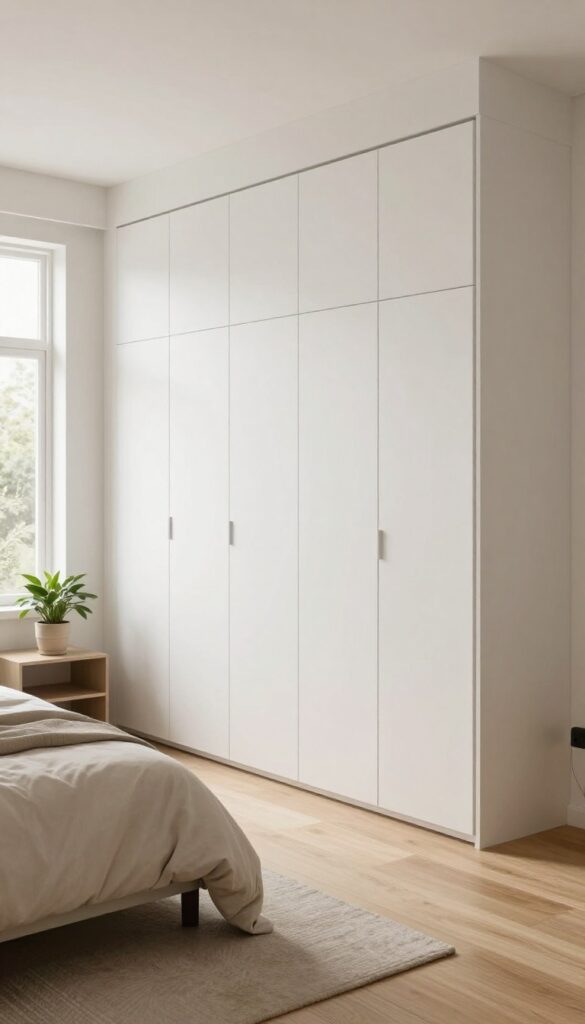 Modern bedroom with floor-to-ceiling built-in white cupboards and bright natural light