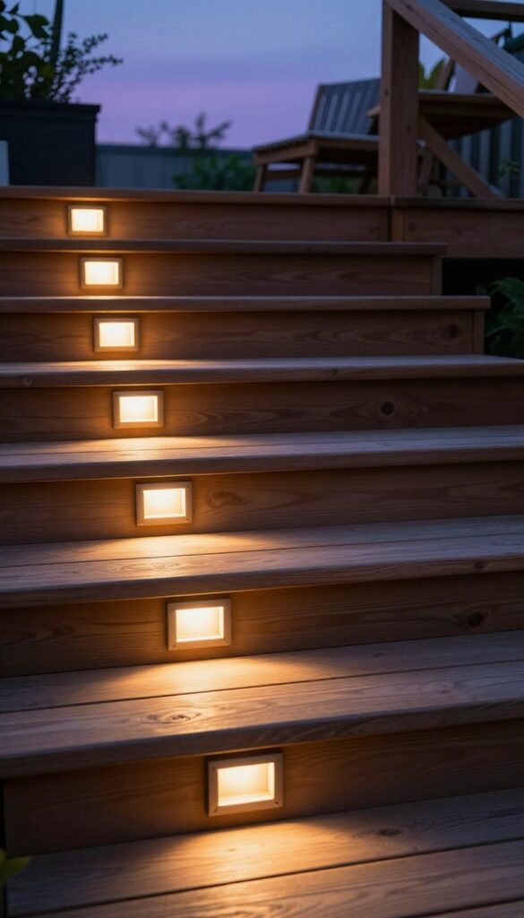 Recessed square LED step lights glowing warmly on wooden deck stairs at dusk, softly illuminating each tread and riser without glare.