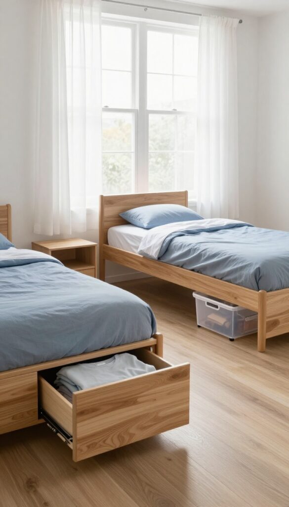 Two twin beds with built-in under-bed drawers in a bright shared boys' bedroom, one drawer open showing folded clothes and a rolling storage bin underneath